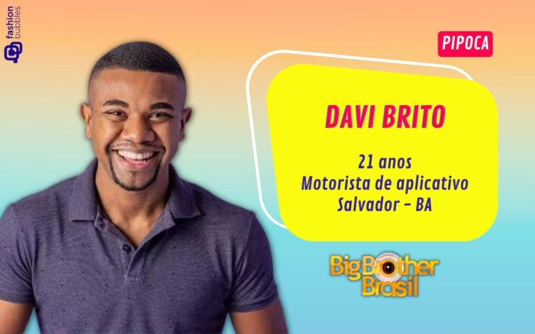 Montagem com foto de Davi Brito do BBB 24 em fundo laranja e azul, informações pessoais dele em fundo amarelo.