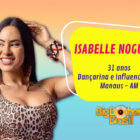 Montagem com foto de Isabelle Nogueira do BBB 24 em fundo laranja e azul, informações pessoais dela em fundo amarelo.