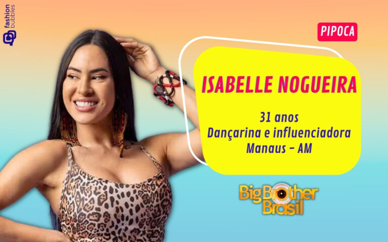 Montagem com foto de Isabelle Nogueira do BBB 24 em fundo laranja e azul, informações pessoais dela em fundo amarelo.