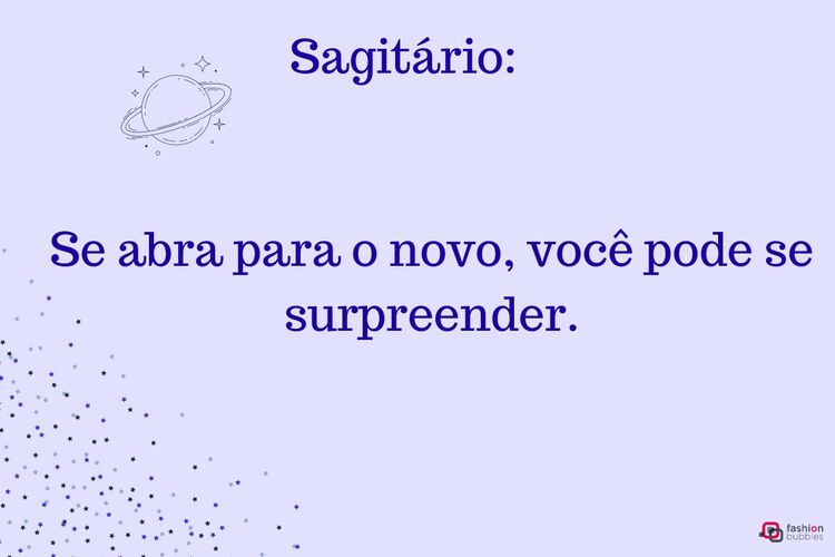 Fundo azul claro com ilustrações de estrelas e planetas azuis e uma mensagem para o signo de Sagitário