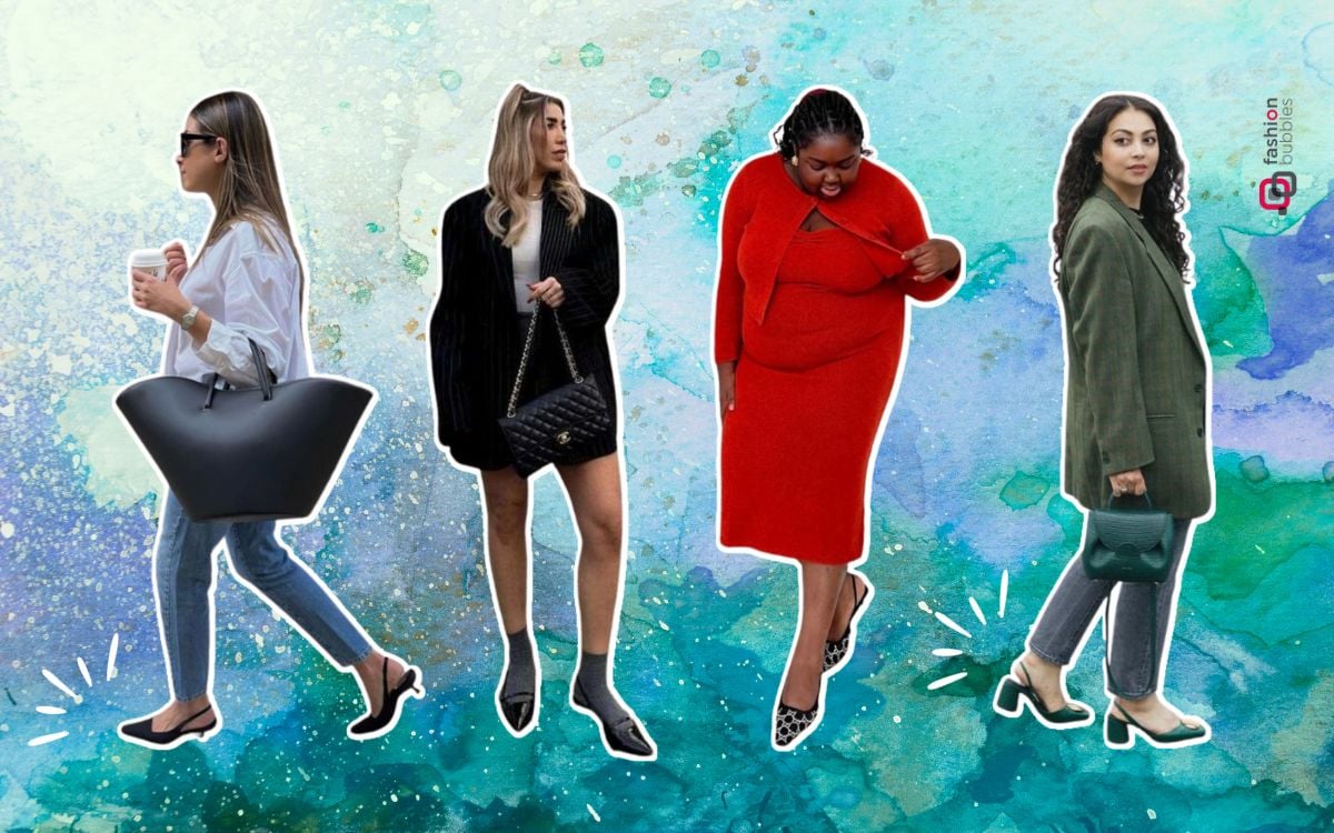 fundo azul com foto de 4 mulheres usando sapato slingback, tendência de calçado para 2024
