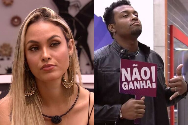 Montagem com duas fotos, a primeira de Sarah Andrade no BBB 21 e a segunda do humorista Nego Di