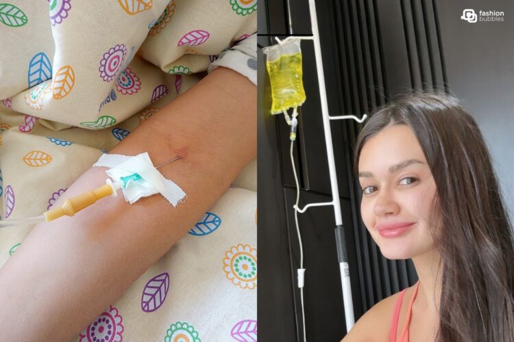 Montagem com duas fotos, uma de braço tomando soro na veia e outra de francine ehlke tomando soro da beleza na veia