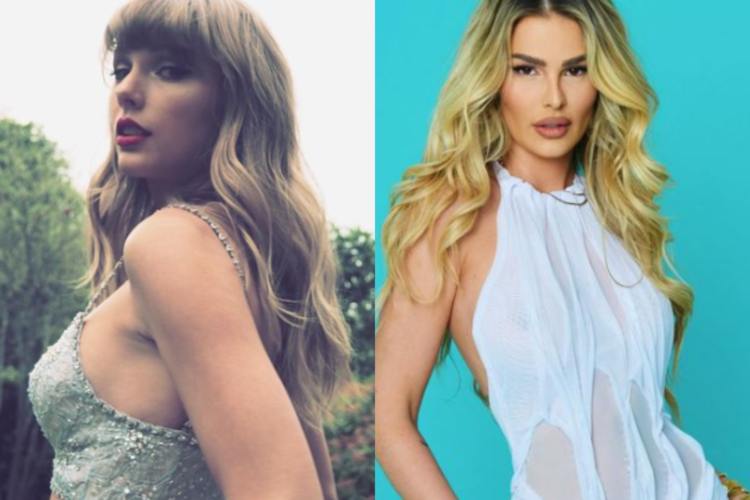 Montagem mostra fotos da cantora Taylor Swift e da modelo Yasmin Brunet. Ambas são loiras e estão usando vestidos.