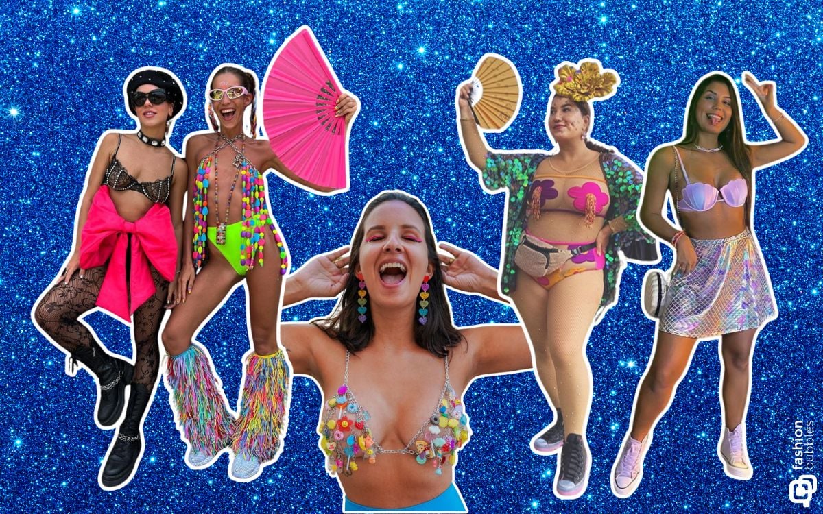 fundo de flitter azul com foto de 5 mulheres usando tendências de fantasias para o Carnaval 2024