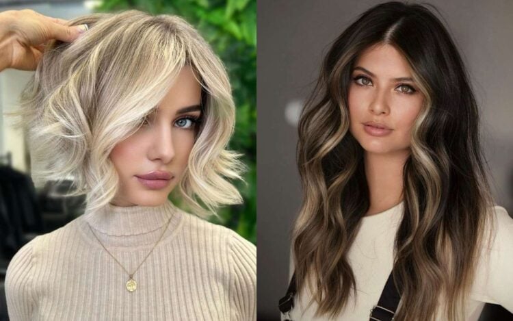 montagem com fotos de duas mulheres usando tendências de luzes no cabelo para 2024