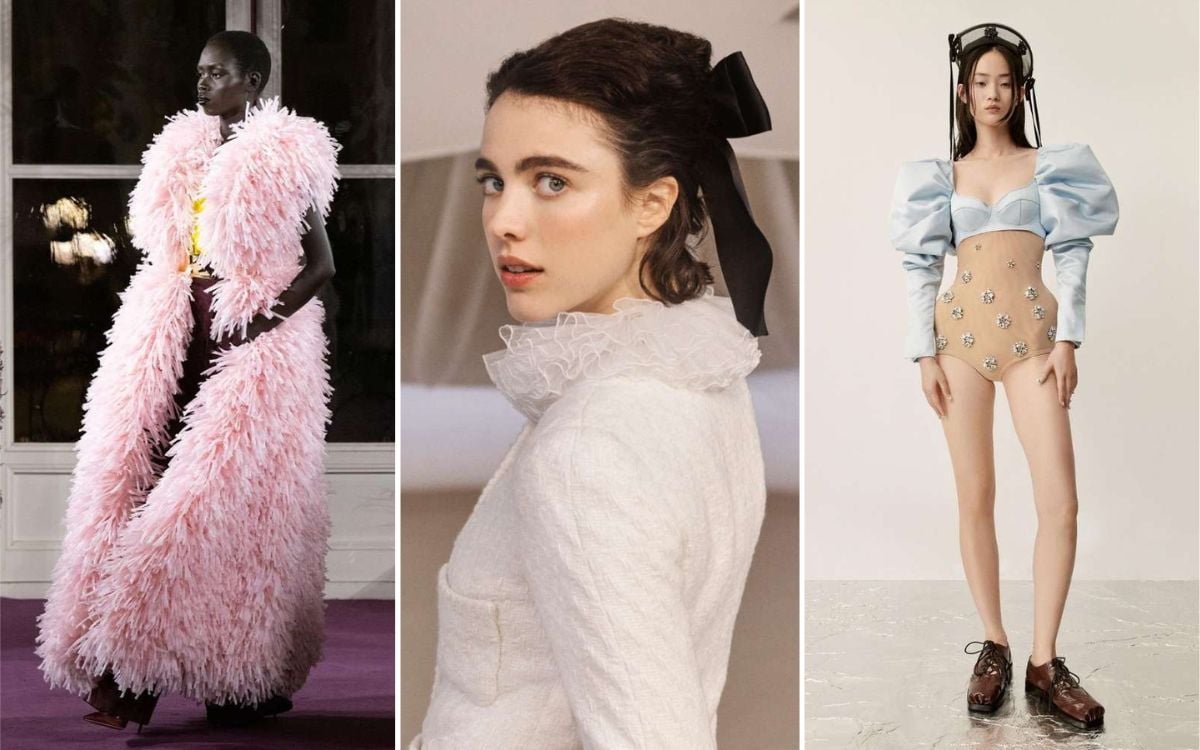 montagem com 3 fotos de tendências de moda 2024 identificadas na Semana de Alta-Costura de Paris