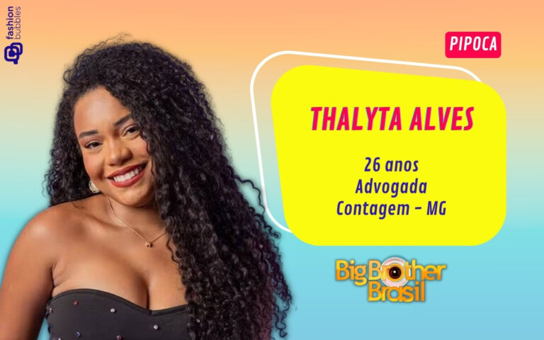 Montagem com foto de Thalyta Alves do BBB 24 em fundo laranja e azul, informações pessoais dela em fundo amarelo.