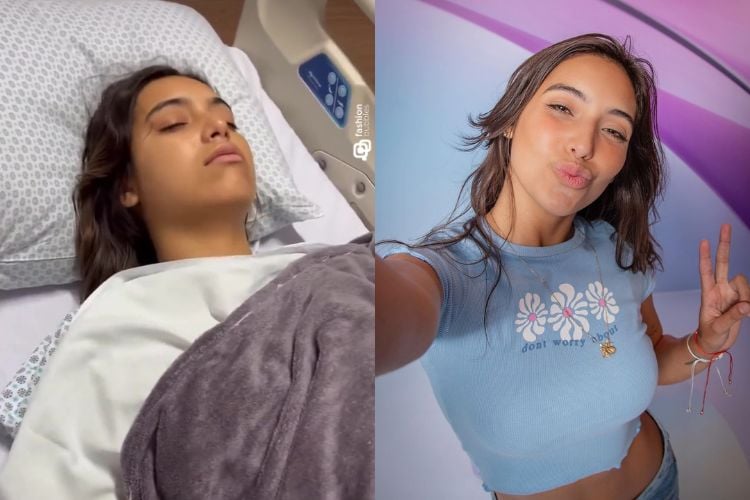 Montagem com duas fotos de Vanessa Lopes: uma dela após a cirurgia que fez na garganta em março de 2023 e outra dela que é uma selfie antes dela entrar no BBB 24