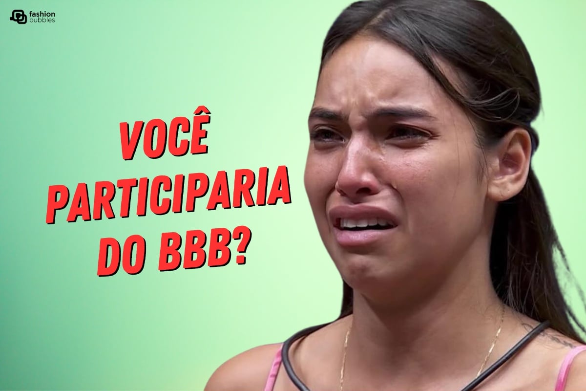 Foto de Vanessa Lopes em fundo esverdeado, com frase "Você participaria do BBB?" Enquete BBB