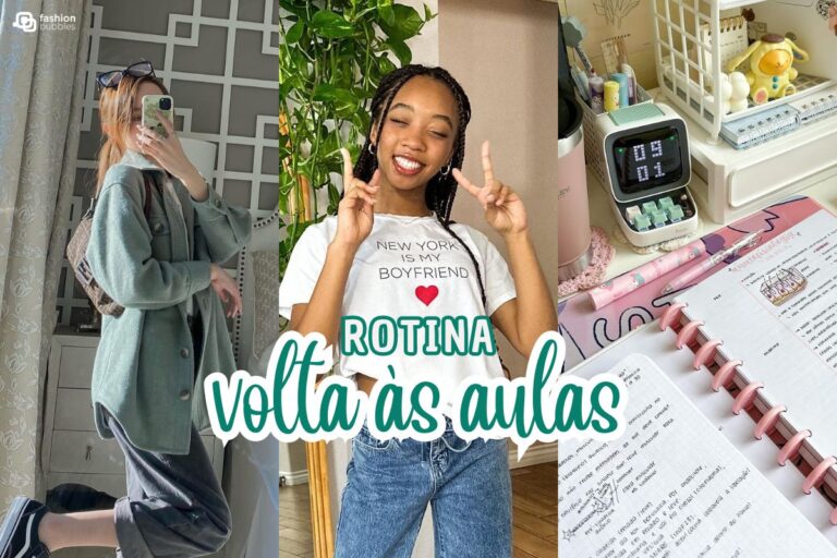 Montagem com três fotos: uma de uma garota tirando uma foto no espelho com o look para ir à escola, outra da garota no meio, também com o look escolar, fazendo o sinal de paz e amor com os dedos, e a terceira foto de materiais escolares sobre uma mesa.