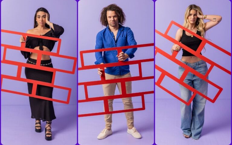 foto de Giovanna Lima, Maycos Cosmer e Yasmin Brunet, participantes da Enquete BBB 24 1º Paredão