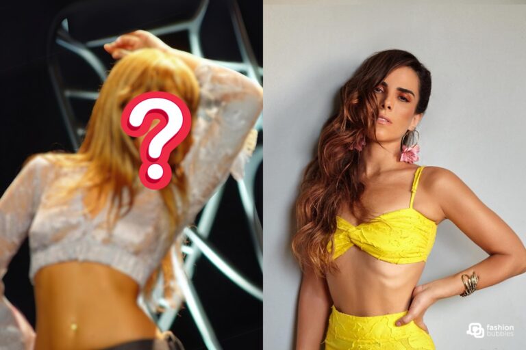 Montagem com duas fotos de Wanessa Camargo, uma dela nos anos 2000 com top azul claro rendado e outra dela atualmente, em 2024, usando um top e saia amarelos