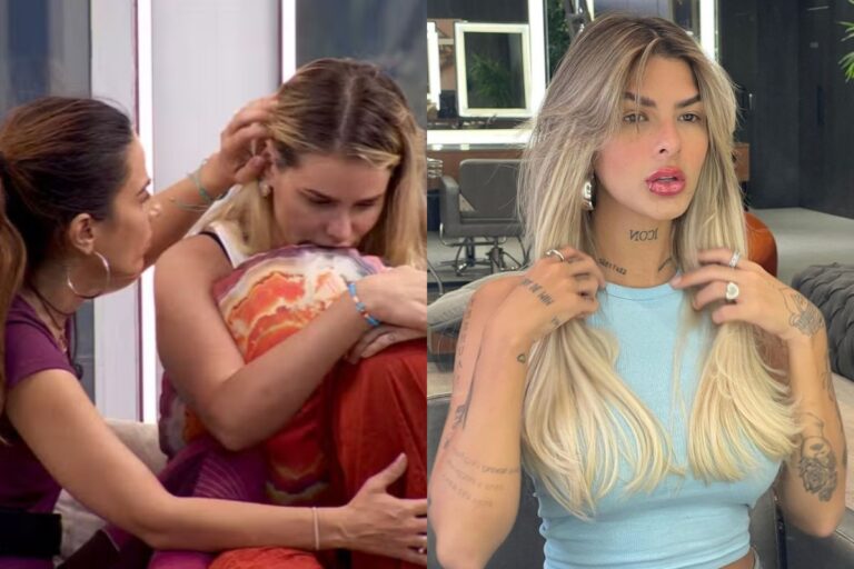 Montagem com duas fotos, a primeira de Yasmin Brunet sendo consolada por Wanessa, e a segunda de Lary Bottino