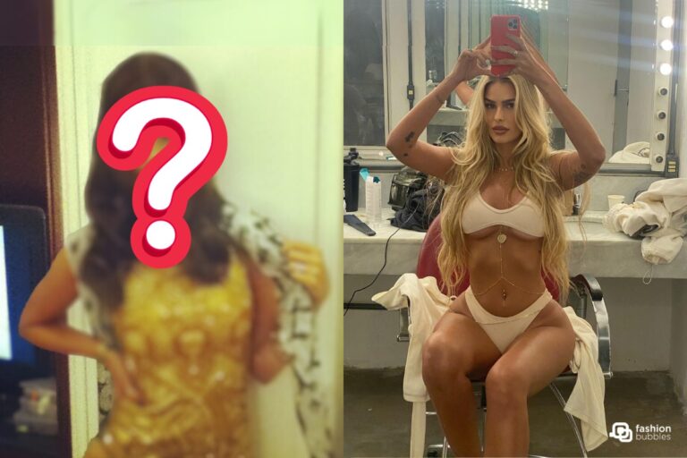 Montagem com duas fotos de Yasmin Brunet, uma antiga e outra atual. Em cima do rosto da antiga um ponto de interrogação branco e vermelho