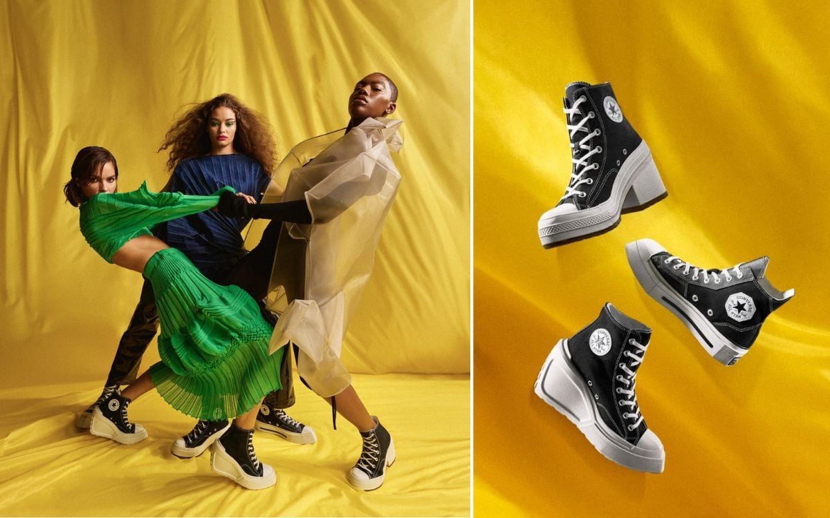 montagem com duas fotos: uma de modelos e outra dos tênis da coleção Edge of Style da Converse