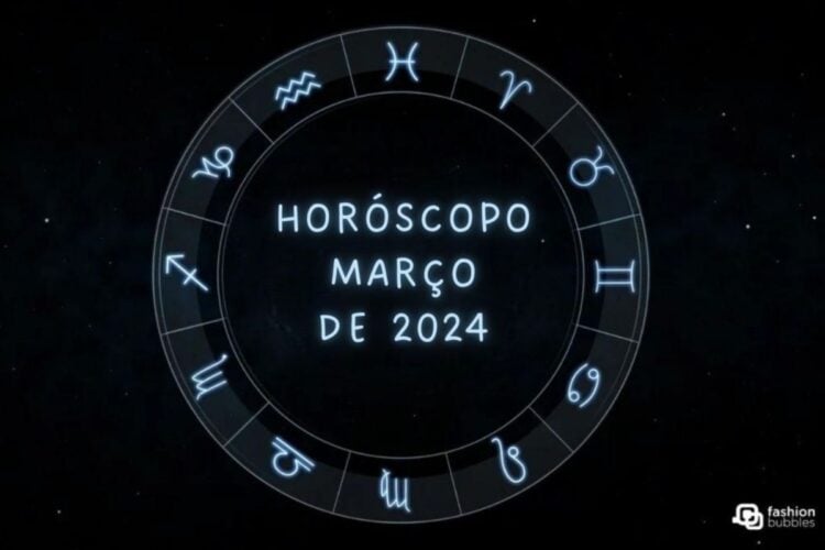 Ilustração com o texto Horóscopo de Março de 2024