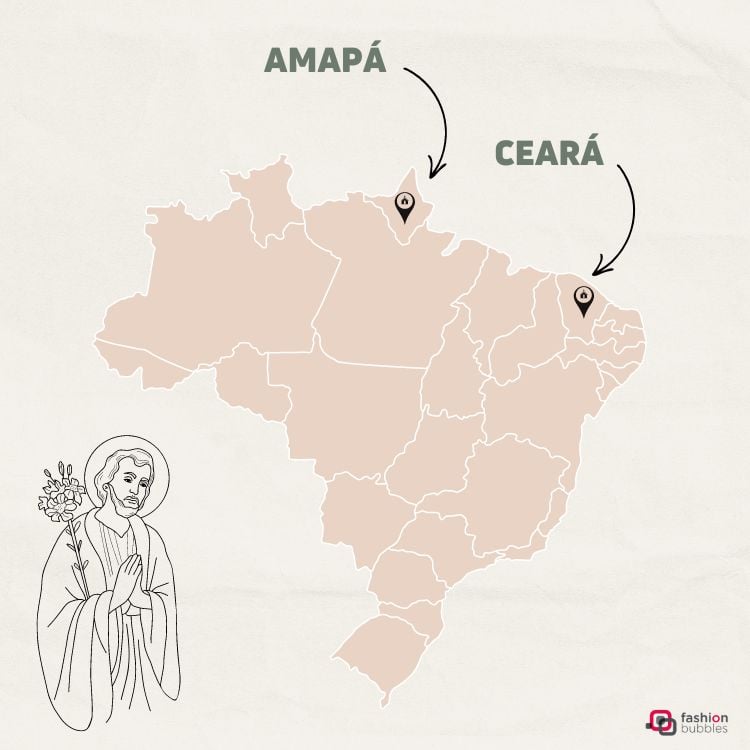 Mapa do Brasil com destaque para os estados do Amapá e Ceará, que têm como protetor o santo