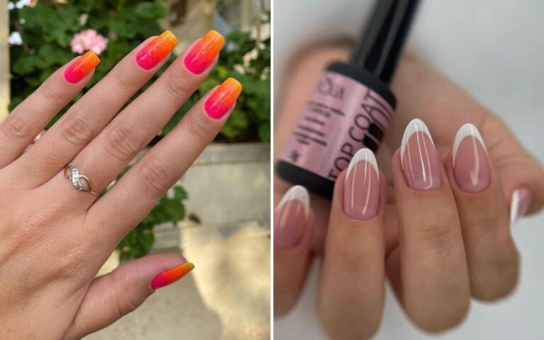 Montagem com duas fotos de unhas que aparecem na matéria: degradê em rosa e laranja e francesinha clássica
