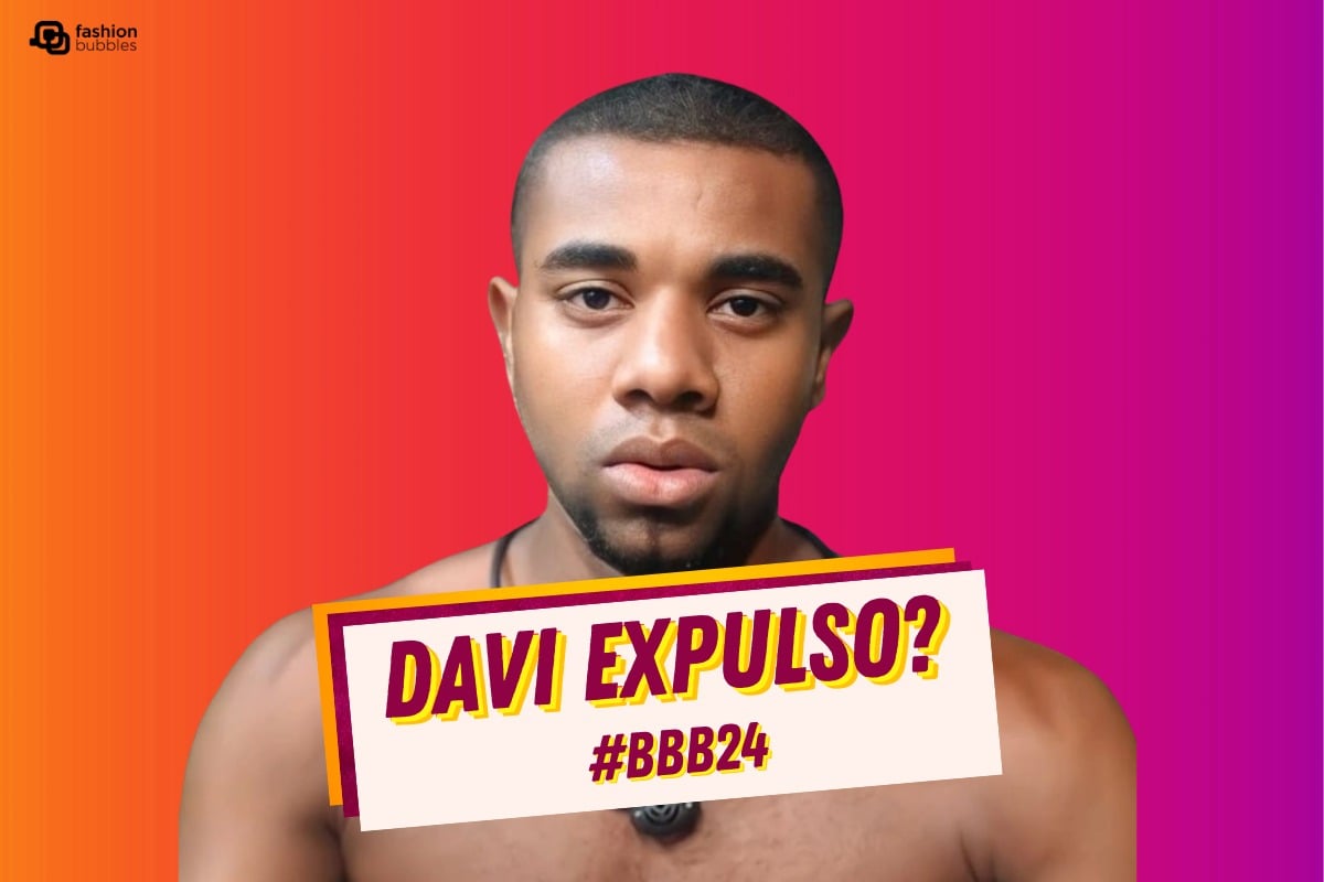 Foto de Davi do BBB 24 em fundo rosado, vermelho e roxo, com escrito "Davi expulso? #BBB 24"