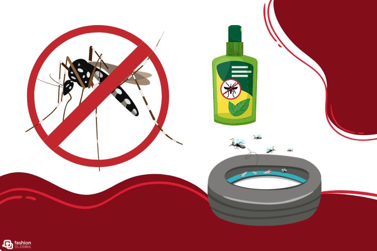 Montagem com mosquito e sinal de proibido, repelente e pneu com água parada e mosquitos