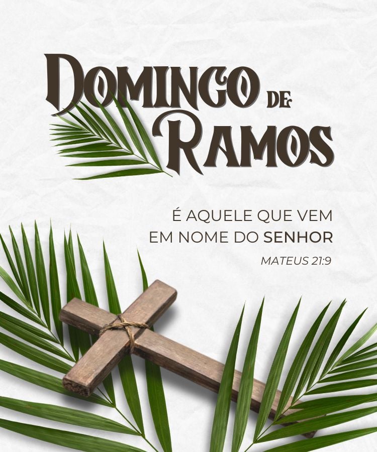 Fundo cinza com ramos e cruz, escrito "Domingo de Ramos - é aquele que vem em nome do senhor - matheus 21:9"