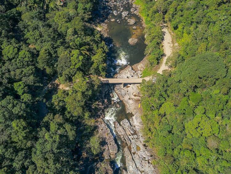 Imagem de drone do encontro dos rios em Nova Friburgo. Há uma ponte com mata dos lados e os rios no meio
