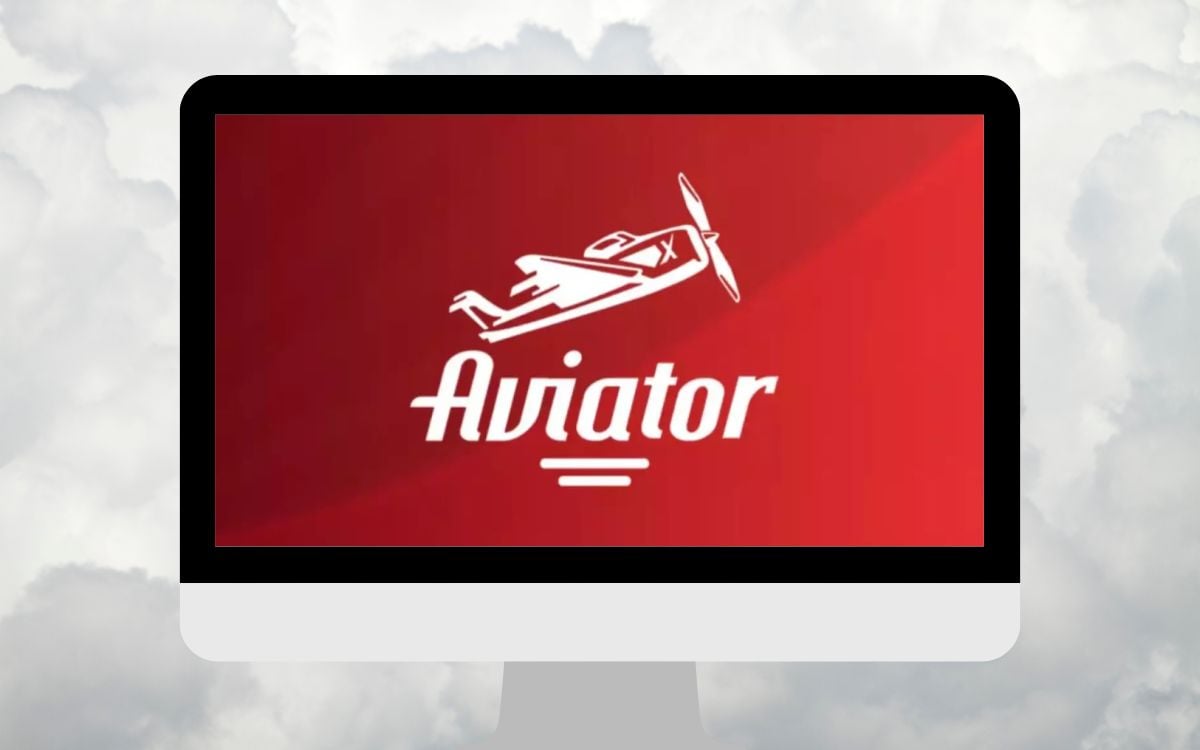 fundo de nuvens com tela de computador mostrando logo do jogo Aviator