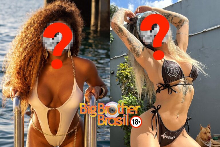Foto de Lumena Aleluia e de Vanessa Mesquita, ambas de biquíni, com rosto tapado e ponto de interrogação vermelho sobre eles. No centro inferior, logo do BBB e escrito 18+