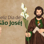 Desenho digital de São José e de mão com terço orando em fundo envelhecido e escrito de marrom e verde: "Feliz Dia de São José"