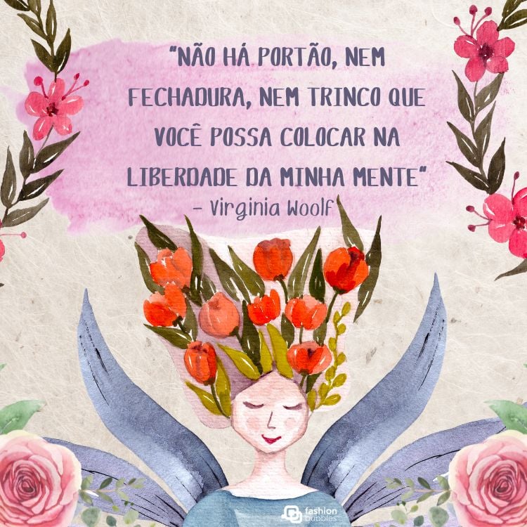 Frase de mulher empoderada escrita sobre um fundo bege com desenhos de flores e uma mulher com cabelo feito de flores.

