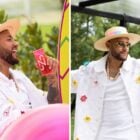Montagem com duas fotos de Neymar curtindo um dos dias de festa em comemoração aos seus 32 anos. Nelas, o craque está de chapeu, blusa branca e camisa branca com detalhes coloridos
