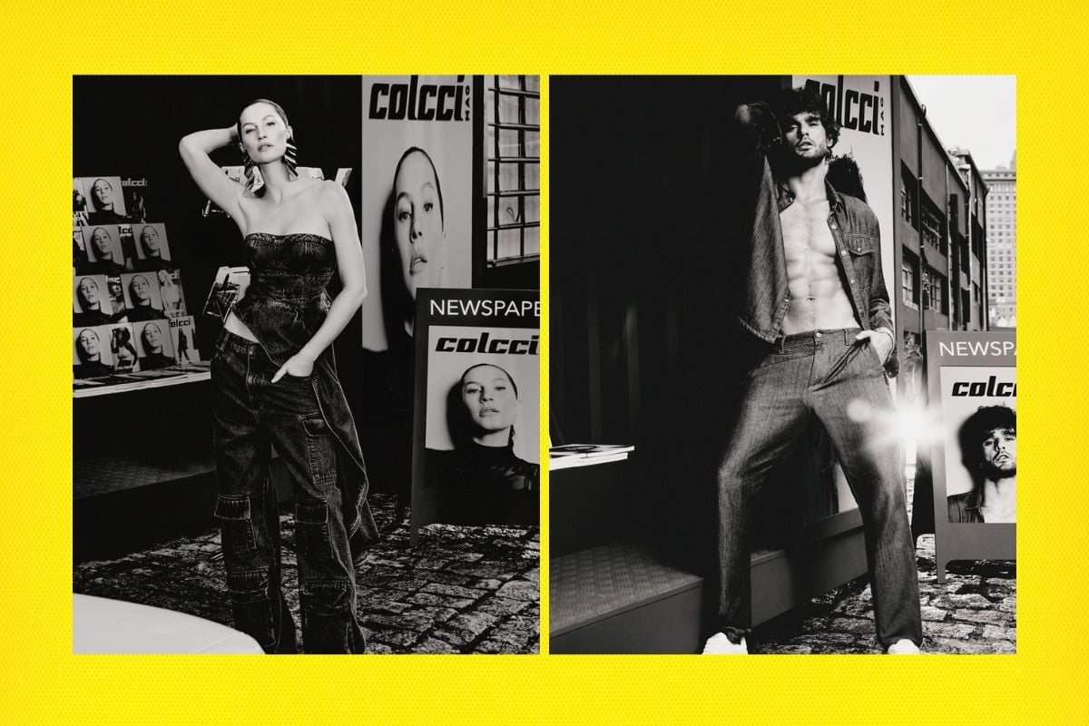 Montagem com fundo amarelo e duas fotos que aparecem na matéria: Gisele Bundchen usando cropped e calça jeans e Marlon Teixeira de jaqueta e calça jeans