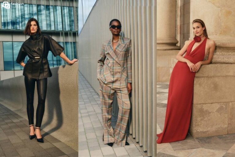 Montagem com três fotos de looks da coleção de Inverno 24 da Animale: Um de blusa e calça pretas, um de conjunto de alfaiataria cinza e outro vestido fluido vermelho