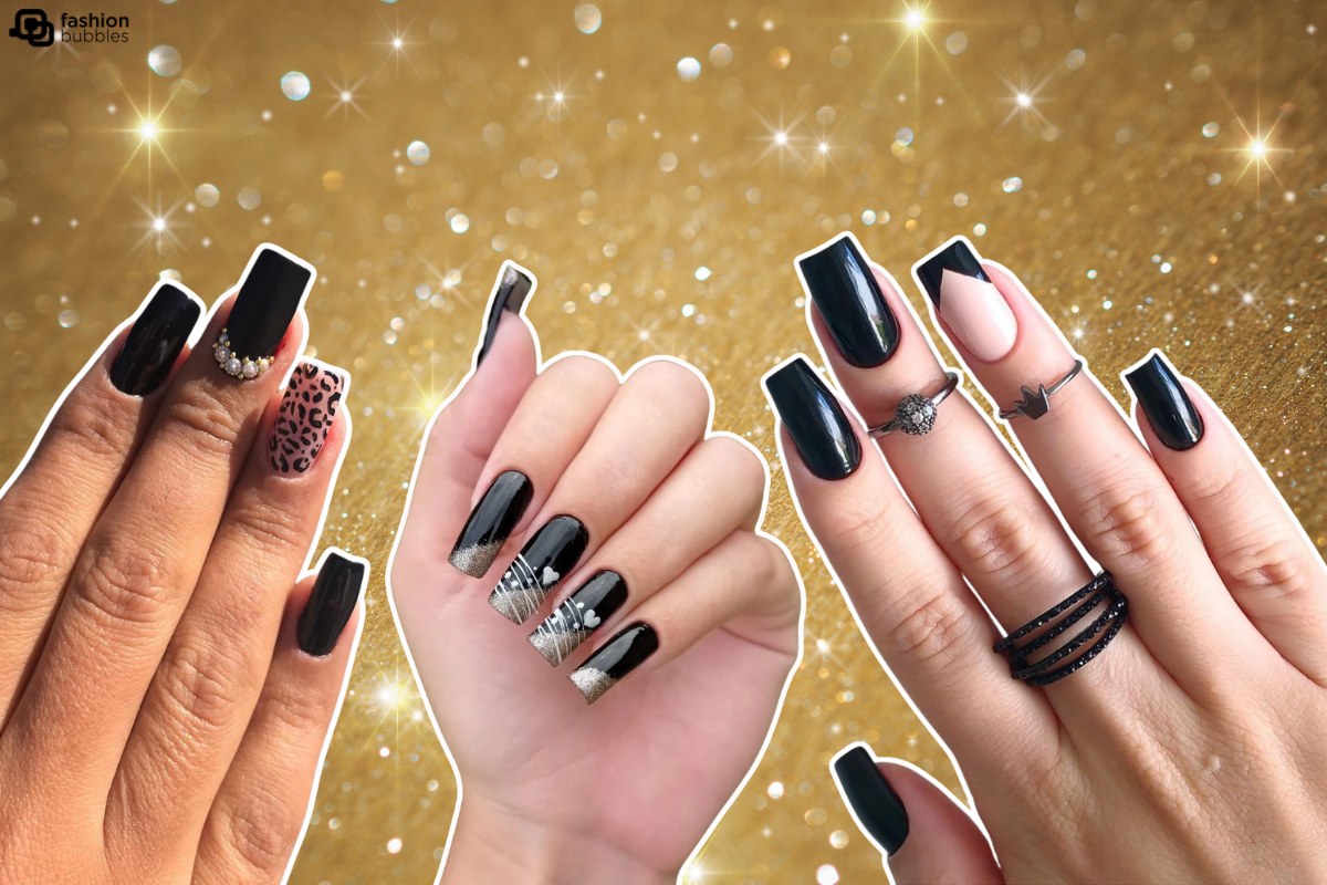 Montagem de fundo dourado com unhas de diferentes técnicas, como animal print, teia e gravatinha