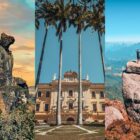 3 fotos de pontos turísticos de Nova Friburgo: cão sentado, colégio Anchieta e Pico da Caledônia