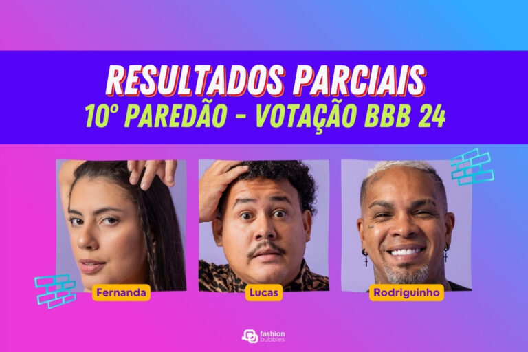 Montagem com foto dos emparedados do 10º Paredão do BBB 24 em fundo rosa e azul e escrito "Resultados parciais 10º Paredão - votação bbb 24"