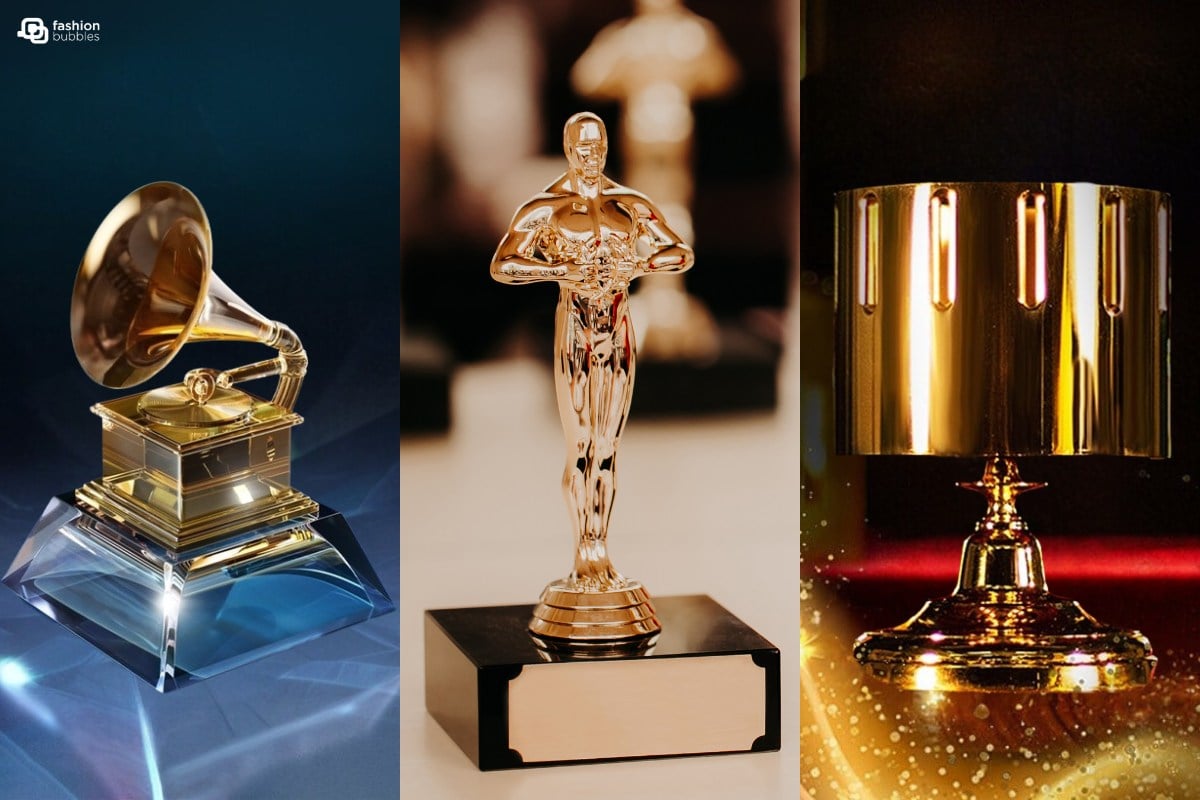 Montagem com foto dos troféus das premiações Oscar, Grammy e Annie Awards