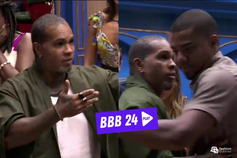 Montagem print vídeo Rodriguinho se despede de Davi no BBB 24. Escrito de branco em fundo roxo no centro inferior: "BBB 24 play"