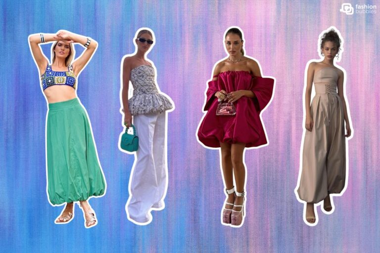 Montagem com fundo reto degradê de azul e rosa com 4 fotos que aparecem na matéria: mulher de pele clara de top e saia balonê midi verde, mulher de pele clara usando blusa balonê e calça volumosa, Malu Borges usando vestido balonê rosa e mulher morena usando top e calça balonê bege