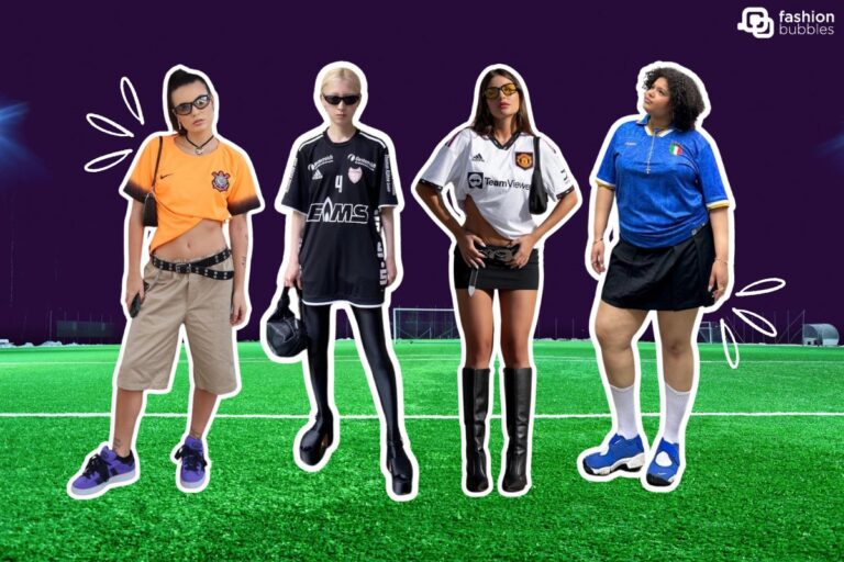 Montagem com fundo de estádio de futebol com quatro fotos que aparecem na matéria: mulher com camisa laranja do Corinthians e bermuda, mulher asiática com camisa preta oversized, Thais Braz com camisa do United e mulher de pele negra com camisa da Itália