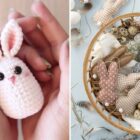montagem com duas fotos de coelhinhos artesanais para vender ou presentear na Páscoa