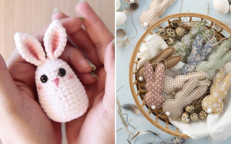 montagem com duas fotos de coelhinhos artesanais para vender ou presentear na Páscoa