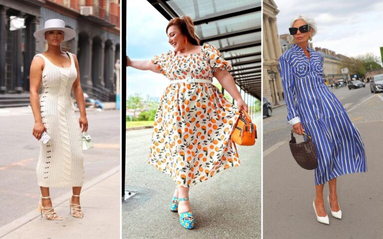montagem com fotos de 3 mulheres usando vestido mídi