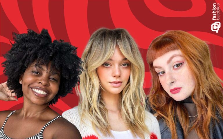 fundo vermelho com foto de três mulheres usando corte de cabelo com franja