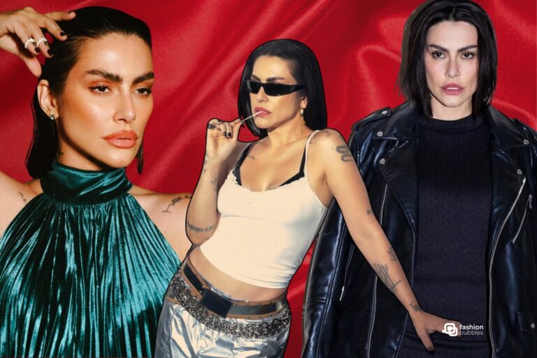 3 fotos de Cleo Pires em fundo vermelho de seda