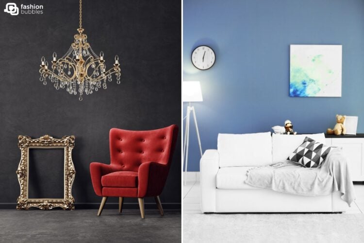 Montagem com duas fotos de sala de diferentes estilos de decoração: uma clássica com poltrona vermelha robusta, lustre e moldura ornamental. A outra é de uma sala moderna, com parede azul, abajur alto e sofá branco