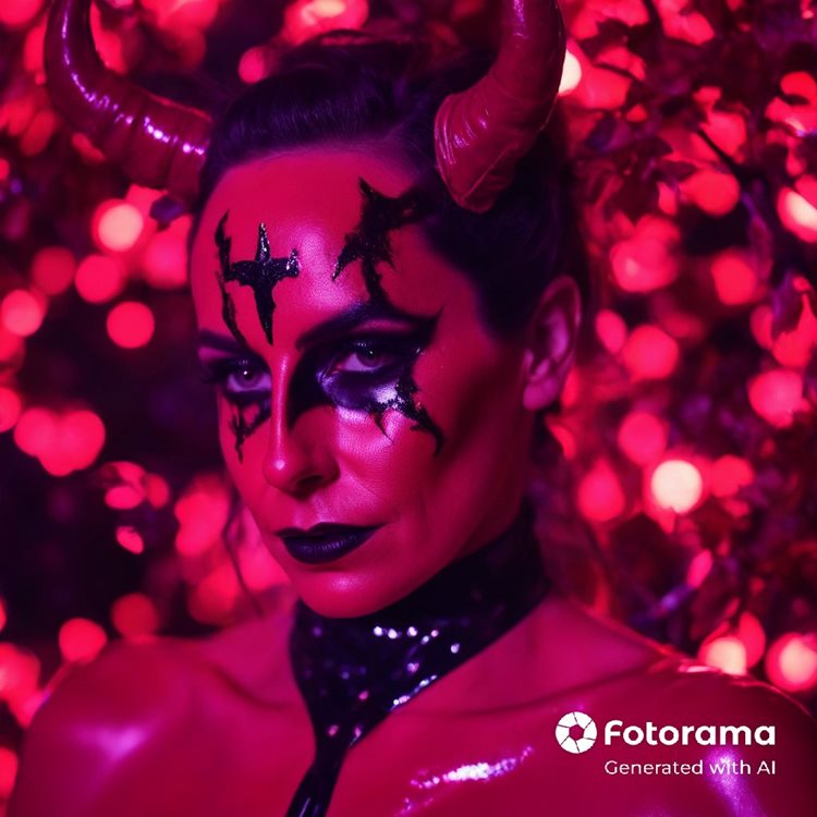 Foto de Denise Pitta gerada pela Inteligência Artificial do aplicativo Fotorama, apresentando uma maquiagem artística de demônio com chifres no cabelo, maquiagem vermelha, olhos pretos e batom preto, contra um fundo de luzes vermelhas.

