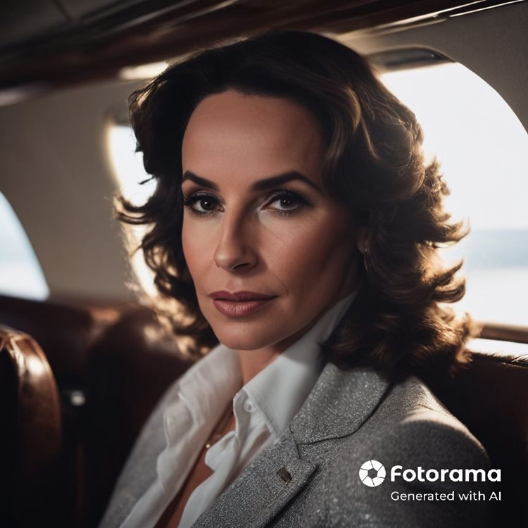 Foto de Denise Pitta gerada pela Inteligência Artificial, na qual ela aparece com roupa social, aparentemente dentro de um meio de transporte.