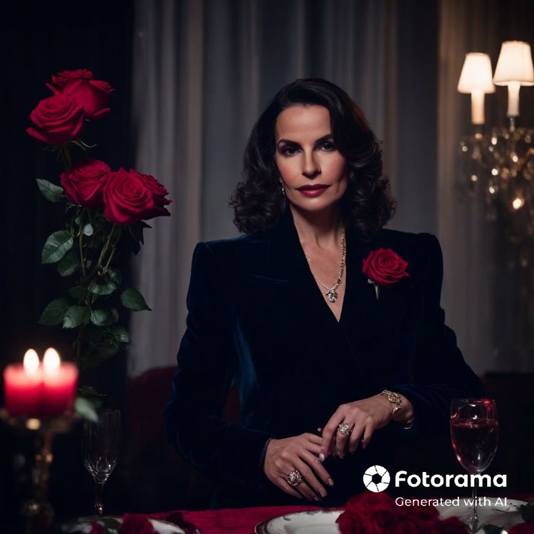 Foto de Denise Pitta, gerada pela Inteligência Artificial, sentada à mesa com uma roupa social e uma rosa no bolso do blazer. Ela usa batom vermelho e está em um jantar romântico.
